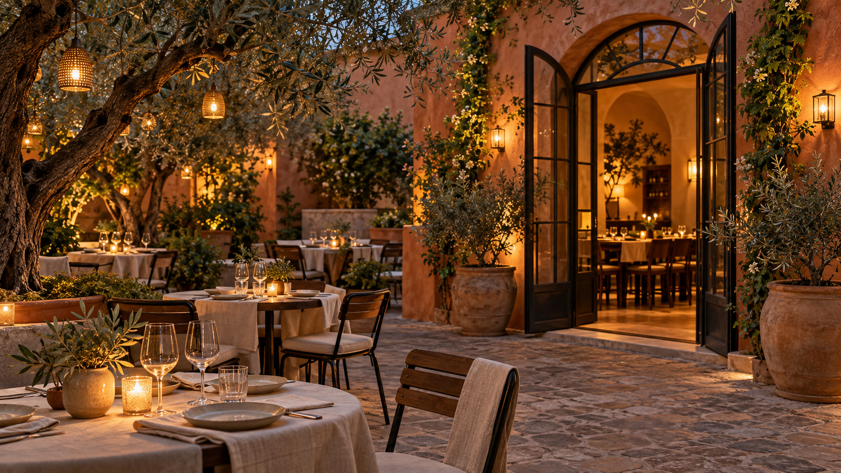 Tavoli di un ristorante in un cortile illuminato